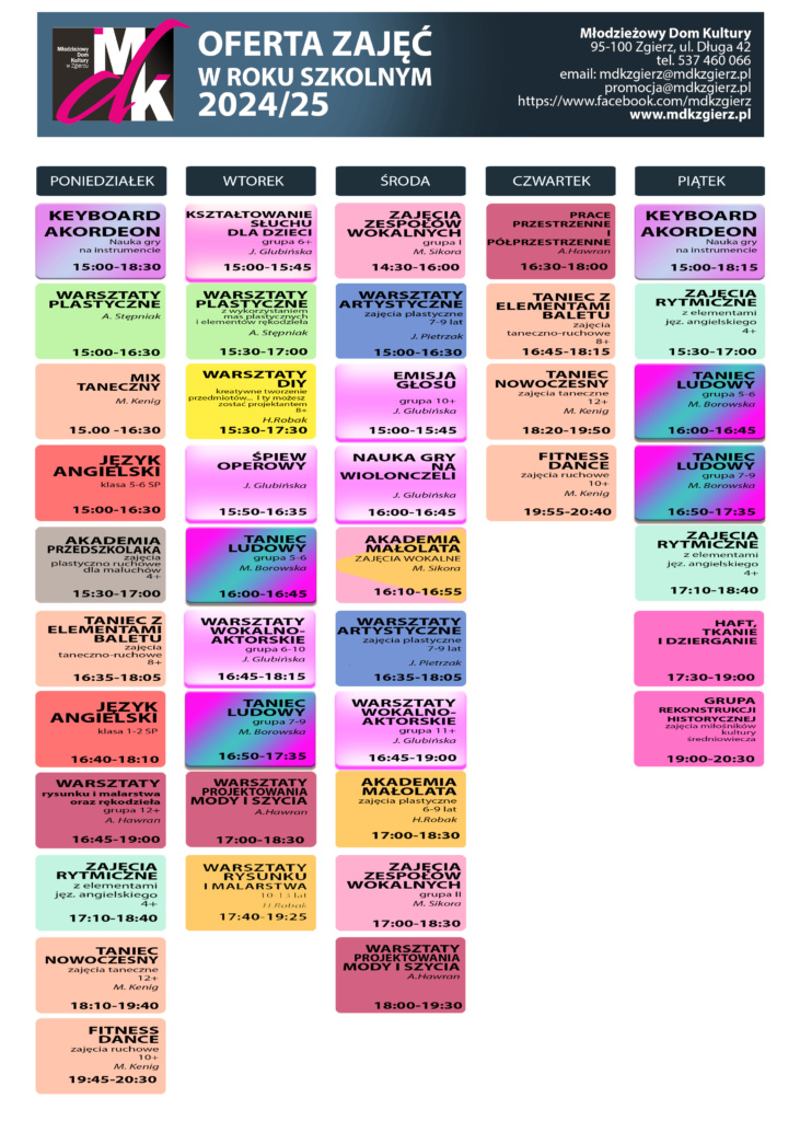 grafik zajęć Młodzieżowego Domu Kultury w Zgierzu w roku szkolnym 2024/2025