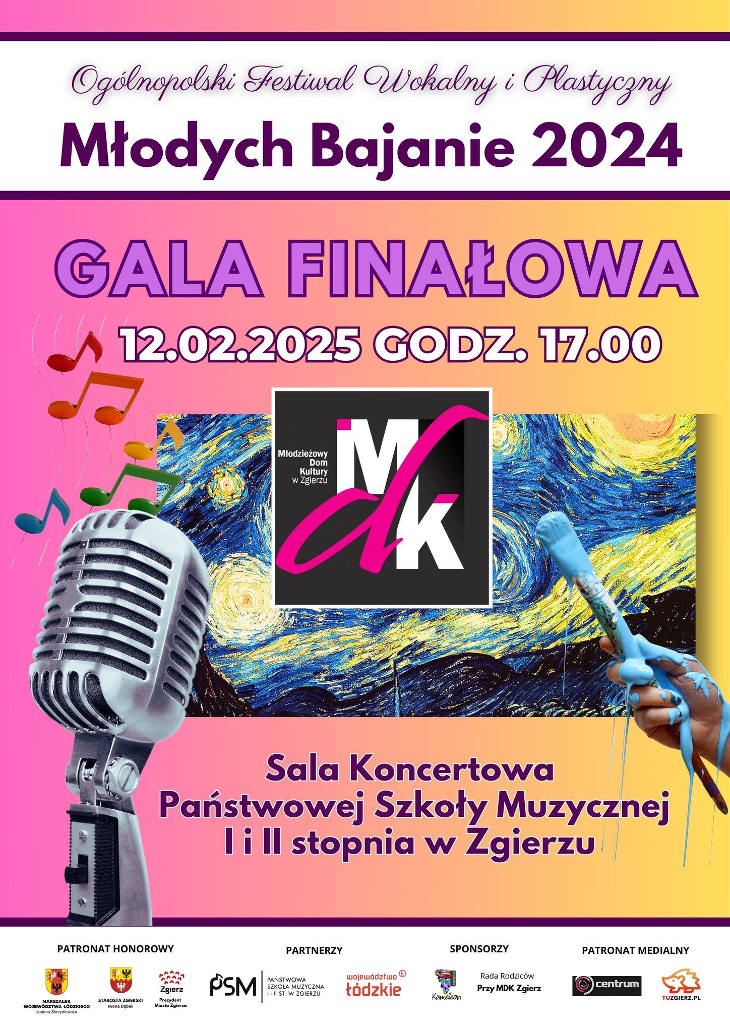 12 lutego 2025 roku o godzinie 17 w PSM I i II stopnia w Zgierzu odbędzie się Gala Ogólnopolskiego Festiwalu Wokalnego i Plastycznego Młodych Bajanie 2024